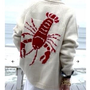 Cream Lobster Intarsia Knit Cardigan - Cream/Red